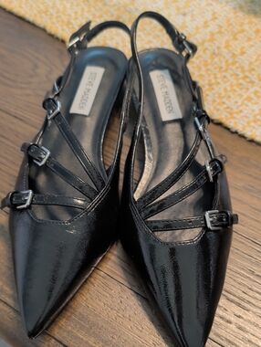 Steve Madden Black Patent Pointed Slingback Flats with Buckle Straps